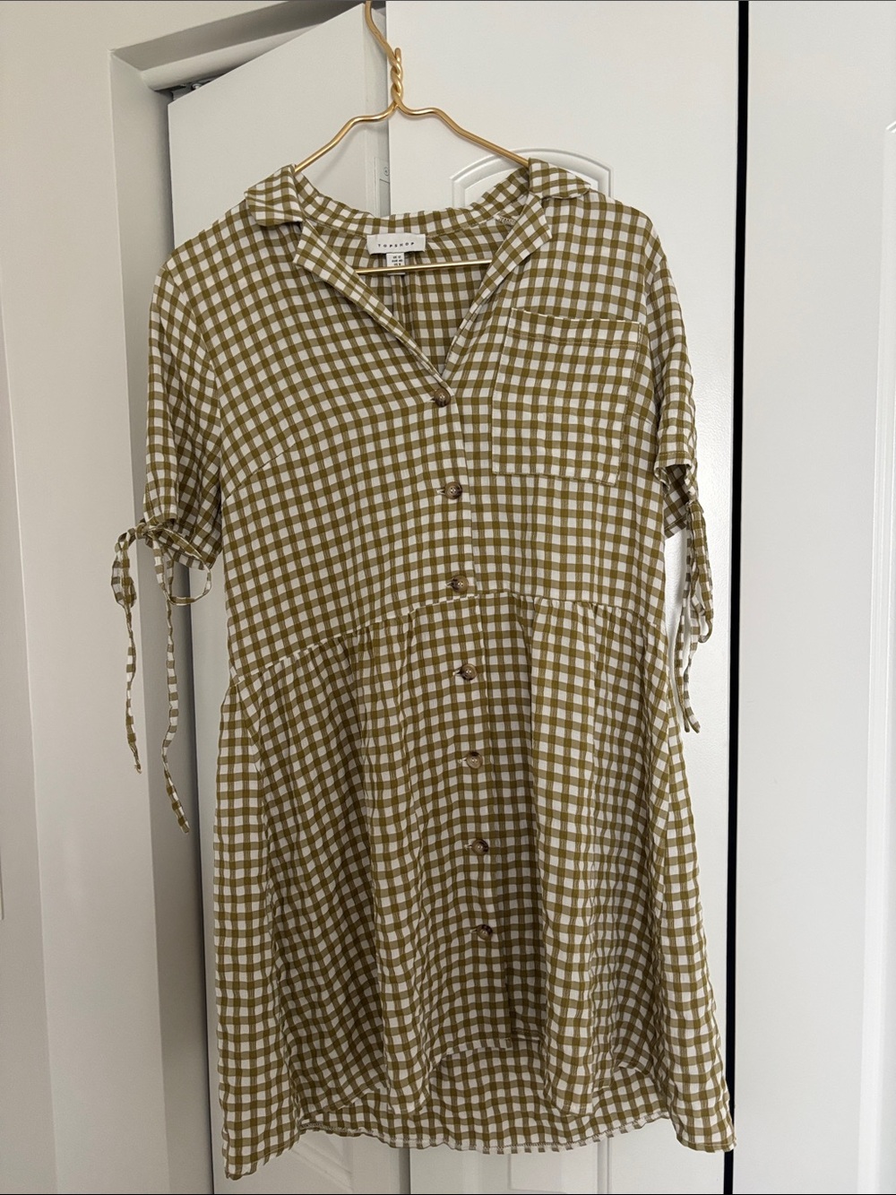 Topshop Olive Gingham Button-Down Mini Dress